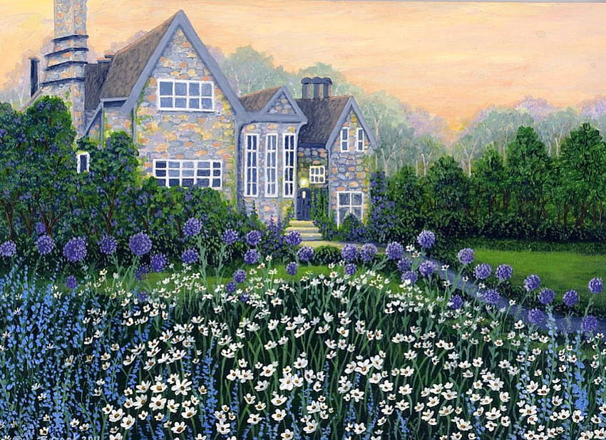 English Cottage, artwork, path, house, garden, flowers HD wallpaper