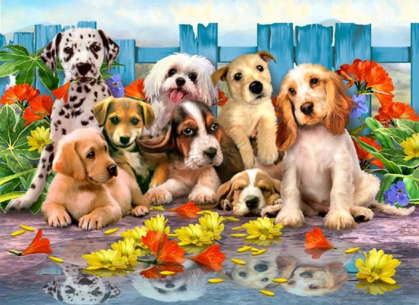 Por Howard Robinson, animal, perro, cachorro, pintura, arte, flor, howard robinson, amigo fondo de pantalla