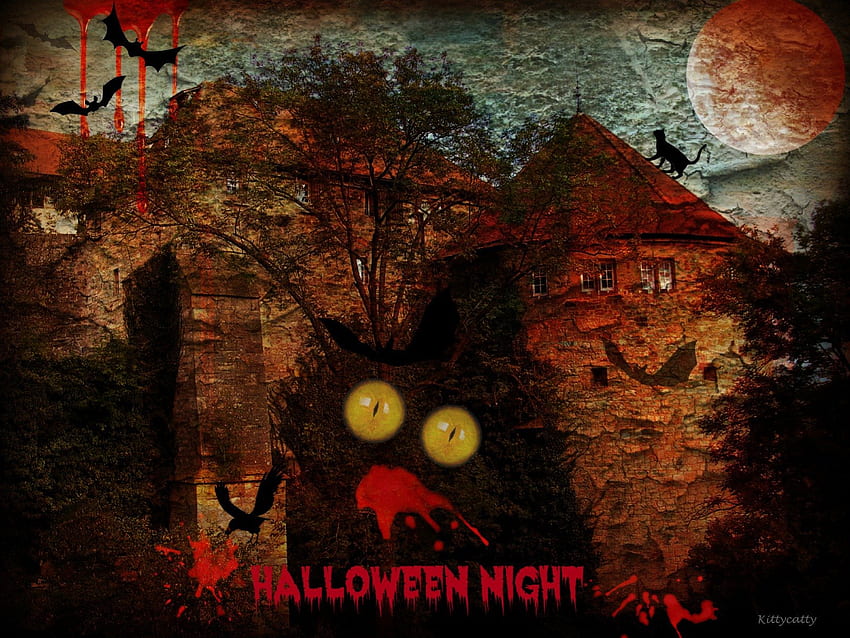 Noche de Halloween, halloween, abstracto, luna, miedo, collages, horror, castillo, murciélagos fondo de pantalla