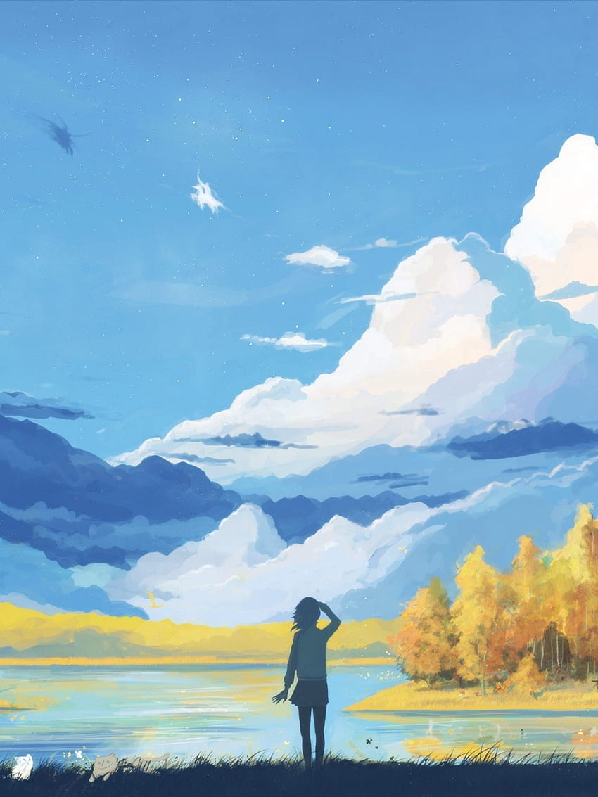 Anime-Landschaft, Mädchen, Berg, entspannend, entspannend szenisch HD-Handy-Hintergrundbild