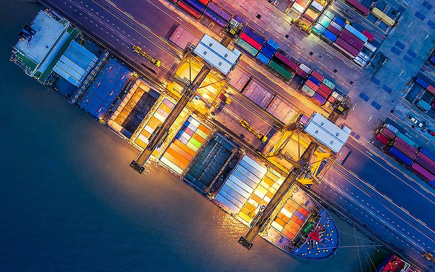pemandangan udara, pelabuhan, kapal kontainer, musim panas, transportasi kargo, R, kapal, kontainer Wallpaper HD