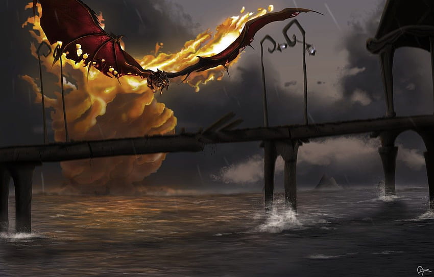 bridge, river, fire, dragon, the situation, art, fantasy, Hellfire, manon bargier for , section рендеринг HD wallpaper