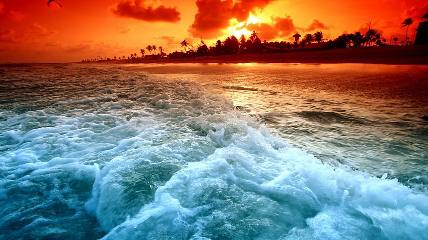 Sonnenuntergang Meereswellen Palmen Meeresstrände. . 193273. OBEN, Strand-Sonnenuntergang-Ozean-Wellen HD-Hintergrundbild