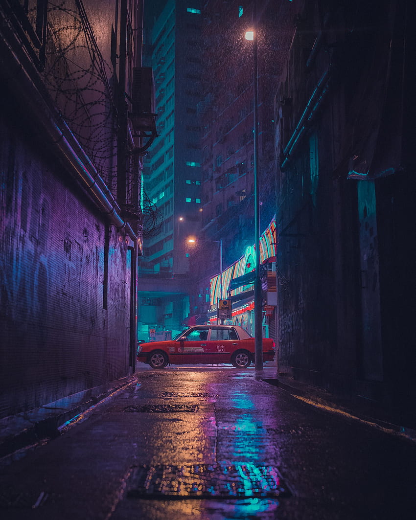 Esto de un Taxi bajo la lluvia desde un callejón PC: u/ stfeyes, Cyberpunk Alley fondo de pantalla del teléfono