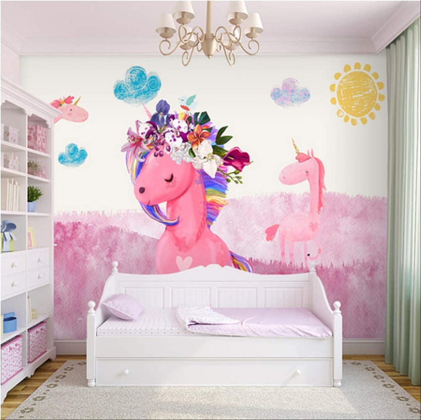3D Custom Cartoon Pink Pink Unicorn Girls Dormitorio Pintura grande Sapost para Baby Girl Girl Rooms Decor Home Wall Wall Cloth Width350cm s Height250cm A, Suministros de pintura, herramientas y tratamientos de pared fondo de pantalla
