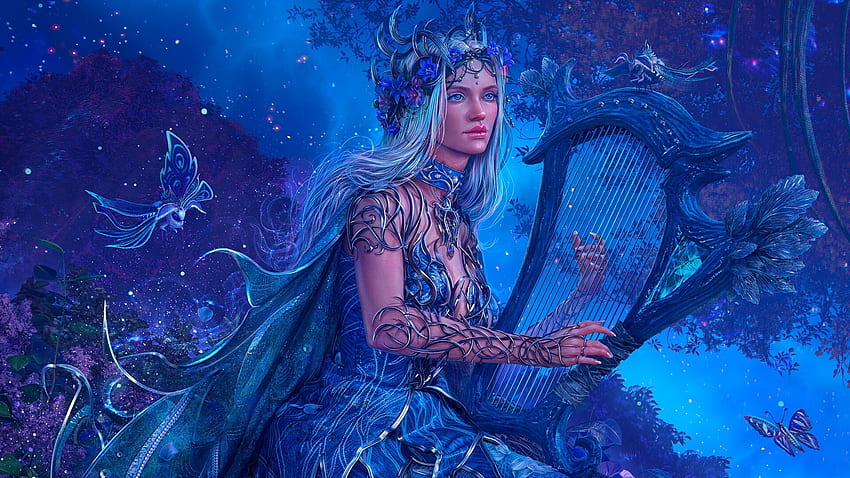 Blue Harp Fantasy, insterment, blue, harp, woman HD wallpaper