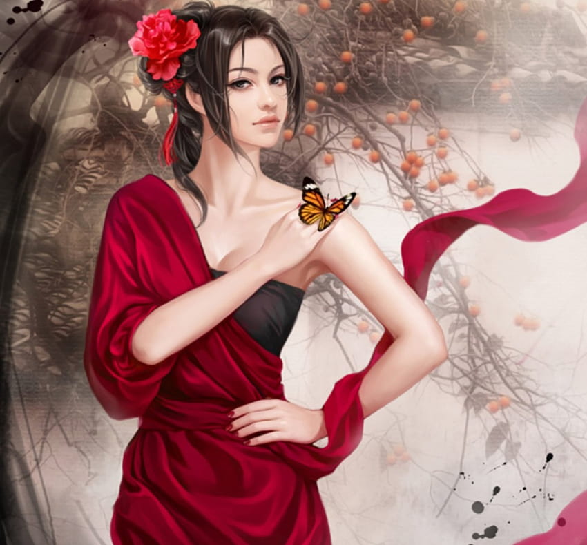 Belleza delicada, mariposa, flores, hermosa, niña, rojo, oriental fondo de pantalla