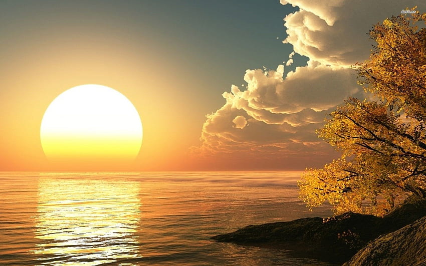 空 湖 太陽 昇る 水 自然 夜空 16:9 高画質の壁紙