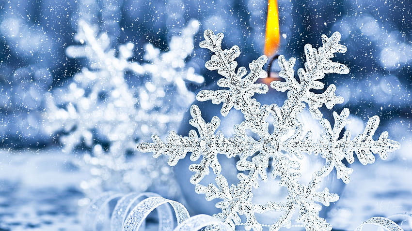 Bougie flocon de neige, bleu, hiver, Feliz Navidad, cristal, thème Firefox Persona, vacances, Nouvel An, Noël, bougie, lumière, flocons de neige Fond d'écran HD