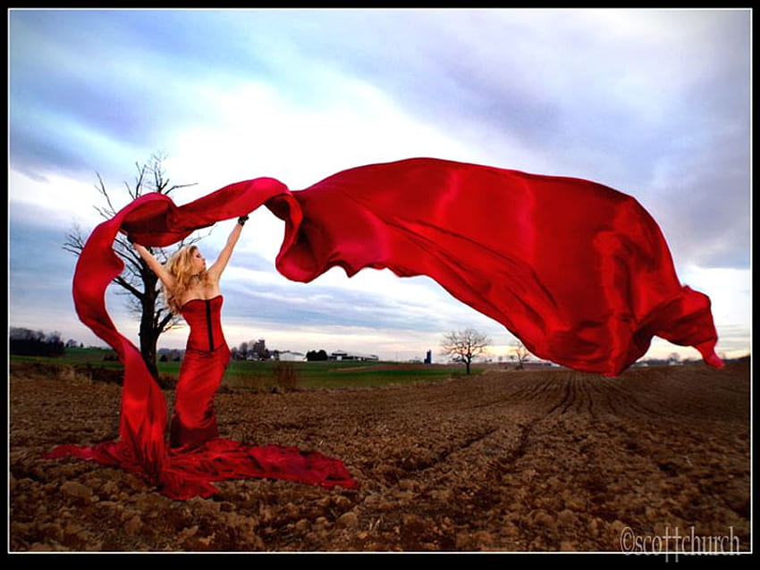 RED DRESS, wind, field, red, sky, nature, windy, dress, woman HD wallpaper