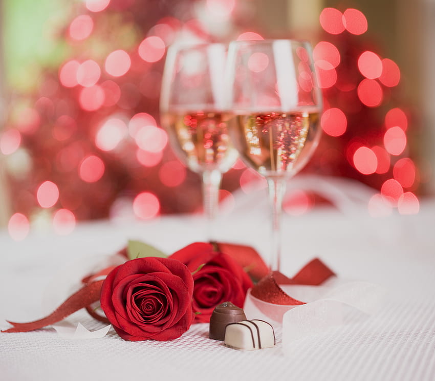 Romance, rose, bokeh, champagne, roses, chocolate, red roses, red rose, valentines day HD wallpaper