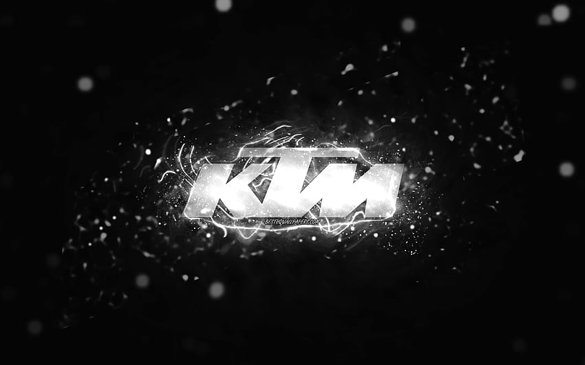 KTM white logo, , white neon lights, creative, black abstract background, KTM logo, brands, KTM HD wallpaper