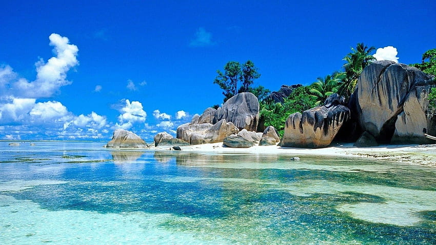 Plage des Seychelles, mer, ciel, sable, palmiers, nuages Fond d'écran HD