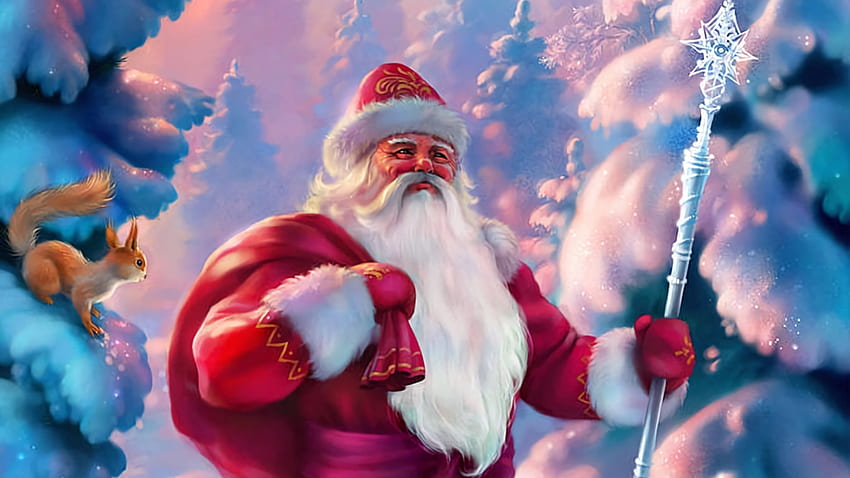 Święty Mikołaj, niebieski, zima, craciun, człowiek, veverita, różowy, stary, fantasy, boże narodzenie, czerwony, luminos, santa, wiewiórka Tapeta HD