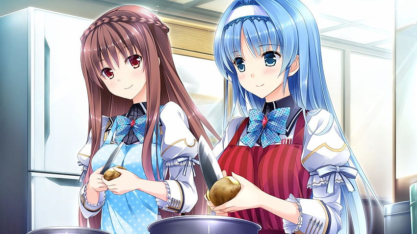 Anime Guy blue eyes seifuku Blushing red Pots kitchen braid apron blue brown headband bow school uniform anime . . 1004597 HD wallpaper