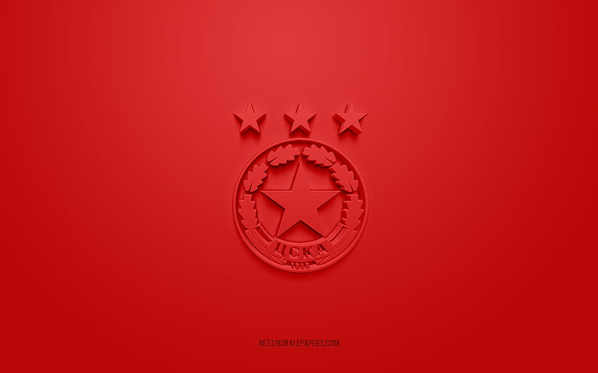 PFC CSKA Sofia, kreatywne logo 3D, czerwone tło, pierwsza liga bułgarska, godło 3d, bułgarska drużyna piłkarska, Bułgaria, sztuka 3d, Parva liga, piłka nożna, logo PFC CSKA Sofia 3d Tapeta HD