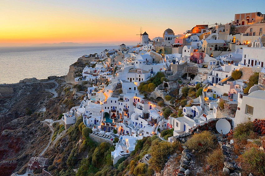 サントリーニ島、青、海、島、ギリシャ、白、自然 高画質の壁紙