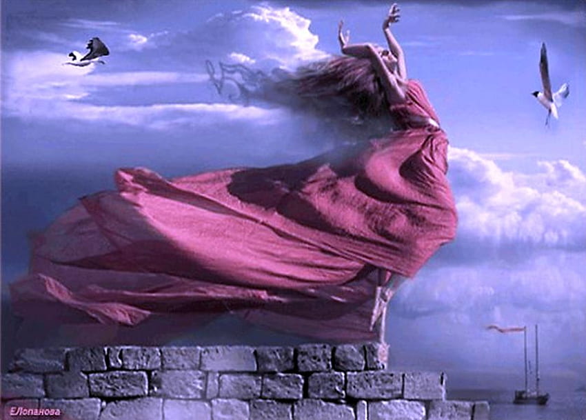 być, różowa sukienka, dom, wiatr, ptaki, chmury, Urwisko, Kobieta Tapeta HD