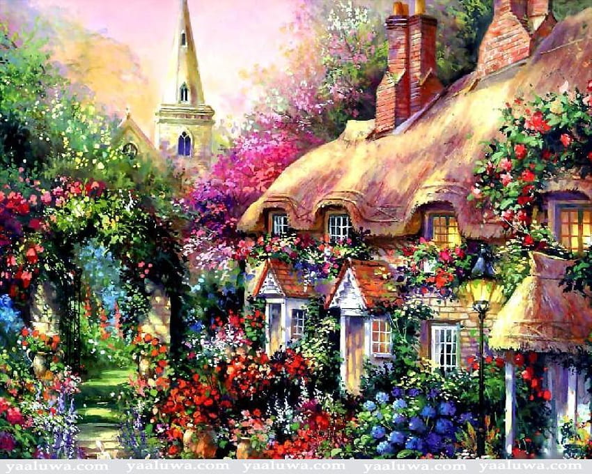 A Colorful Place, jim mitchell, colorful, painting, house, garden, flowers, church, village HD wallpaper