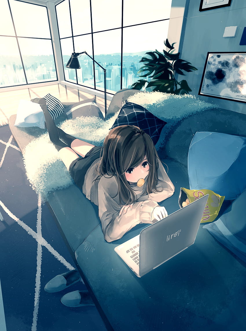 Laptop, anime girl, relaxed, original, art HD phone wallpaper