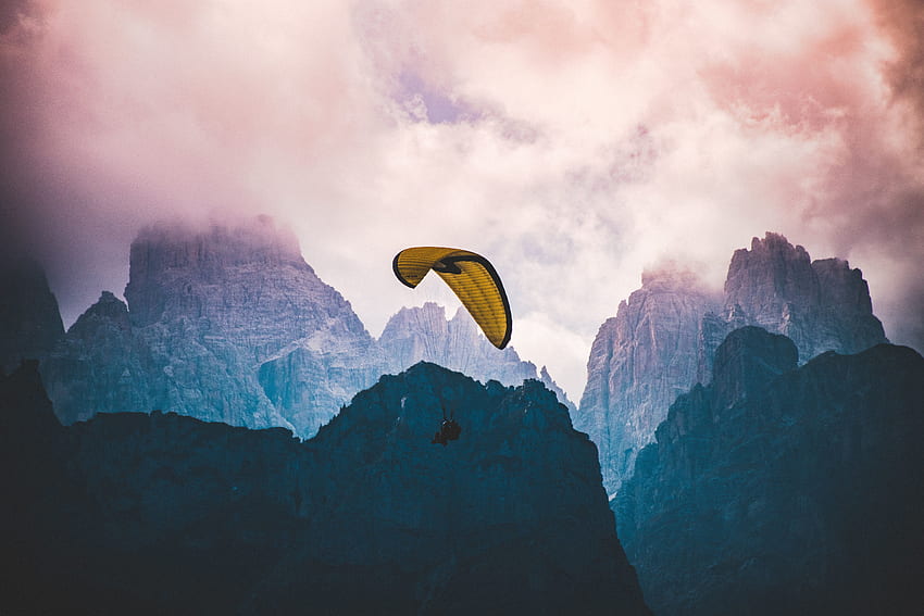 Sports, cliffs, clouds, mist, paragliding HD wallpaper
