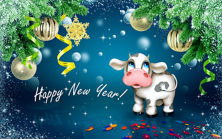 Year of the Ox, christmas, chinese, card, new year, cow, ox, blue, craciun, zodiac, yellow, green HD wallpaper