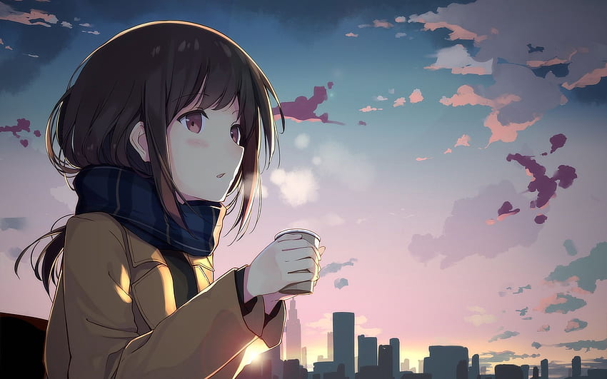 Anime-Mädchen trinken Kaffee, Anime-Café HD-Hintergrundbild