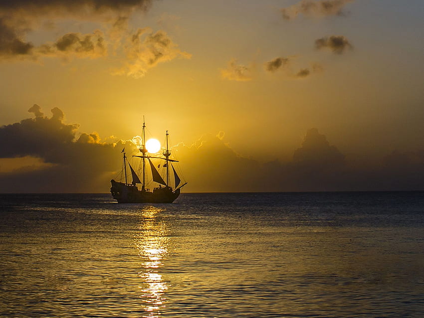 Gold Sunset Ocean Old Pirate Ship With Sail Sky Ultra For Mobile And Computer HD wallpaper