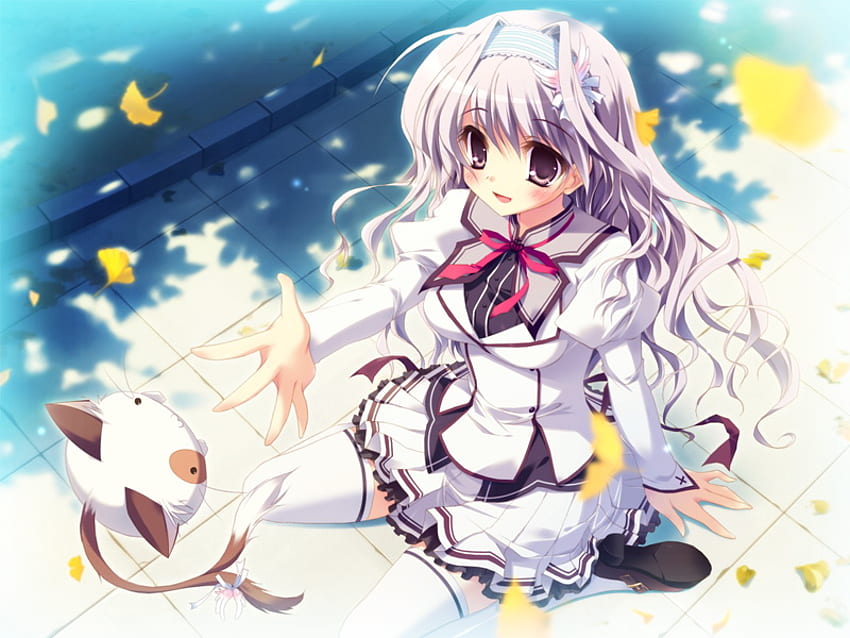Amaha Miu, kitty, ribbon, uniform, cat, tie, leaves, neko, anime, petals, bow HD wallpaper