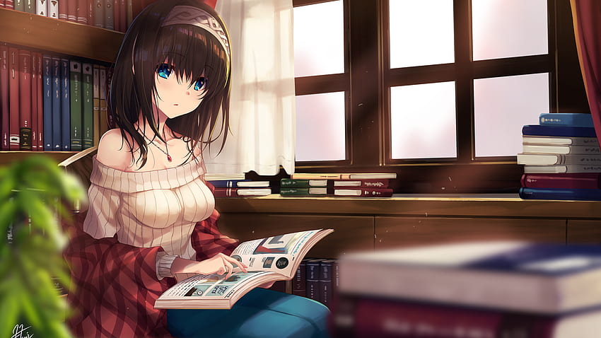 The Idolmaster, Sagisawa Fumika, อ่านหนังสือ, สั้น - ผู้หญิงผมสีน้ำตาลยาวตาสีฟ้า Anime, Anime Girl Reading วอลล์เปเปอร์ HD