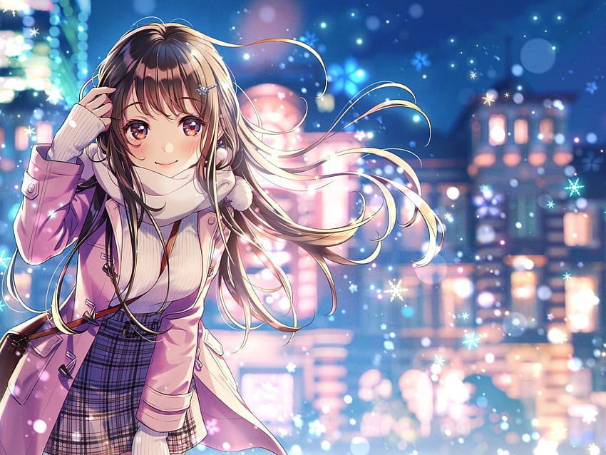 美しいアニメの女の子、コート、笑顔、冬、雪片 - Anime Girl - & Background 高画質の壁紙