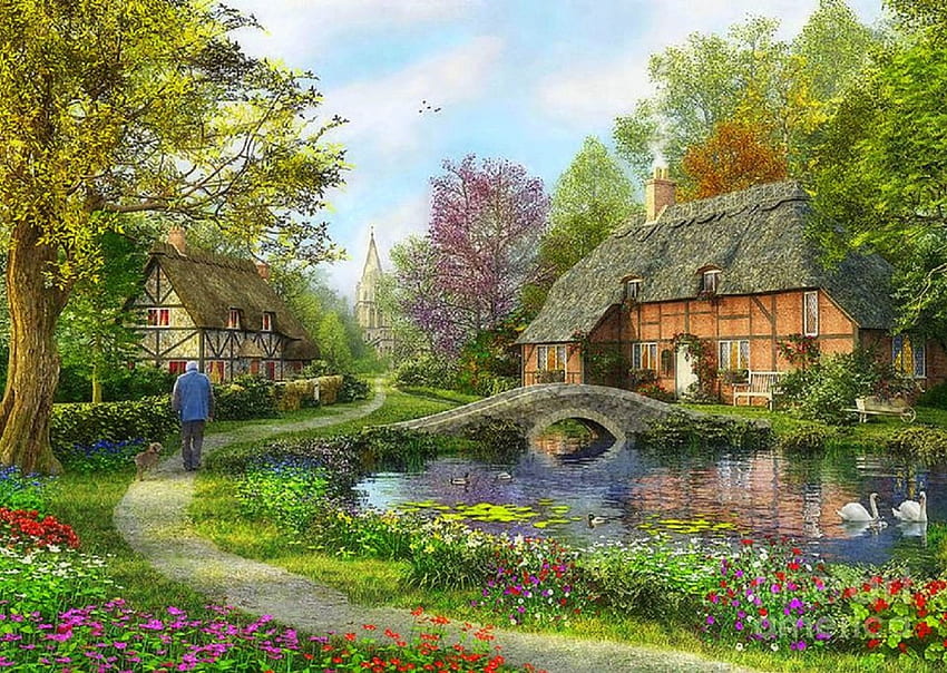 English Cottage, пътека, архитектура, атракции в сънищата, красива, пролет, градини, любов четири сезона, езера, лебеди, къщички, дървета, цветя, мостове HD тапет