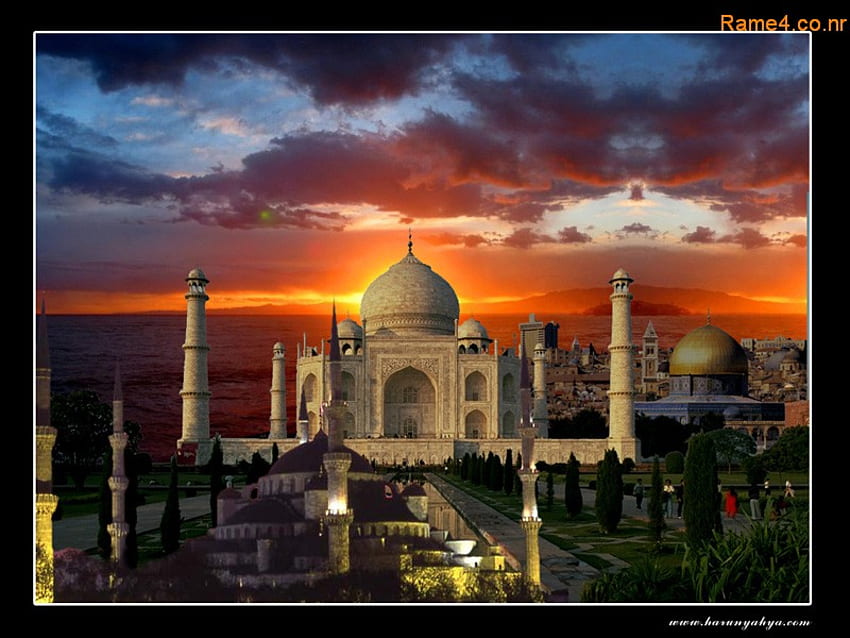 Gran Palacio, islam, pilares, hermoso, naranja, luces, nubes, árboles, puesta de sol, taj mahal fondo de pantalla
