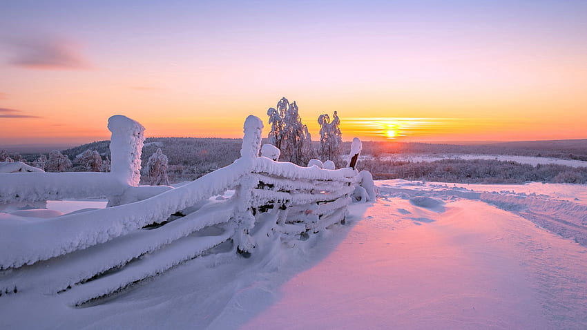 Pemandangan, Musim Dingin, Alam, Matahari Terbenam, Pagar Wallpaper HD
