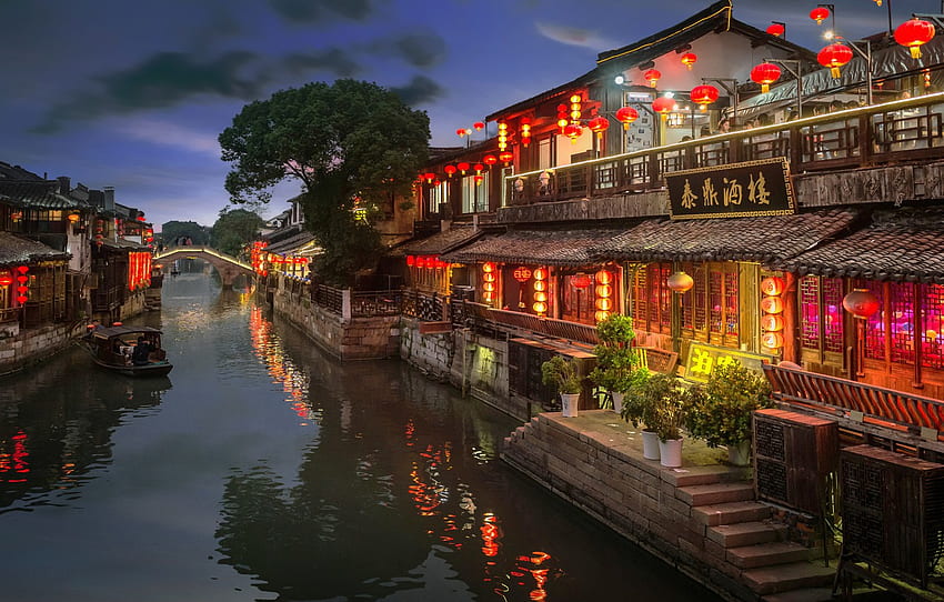 a cidade, barco, casa, à noite, iluminação, China, canal, a ponte, Lanternas, Hetang for, seção город, Chinese Town papel de parede HD
