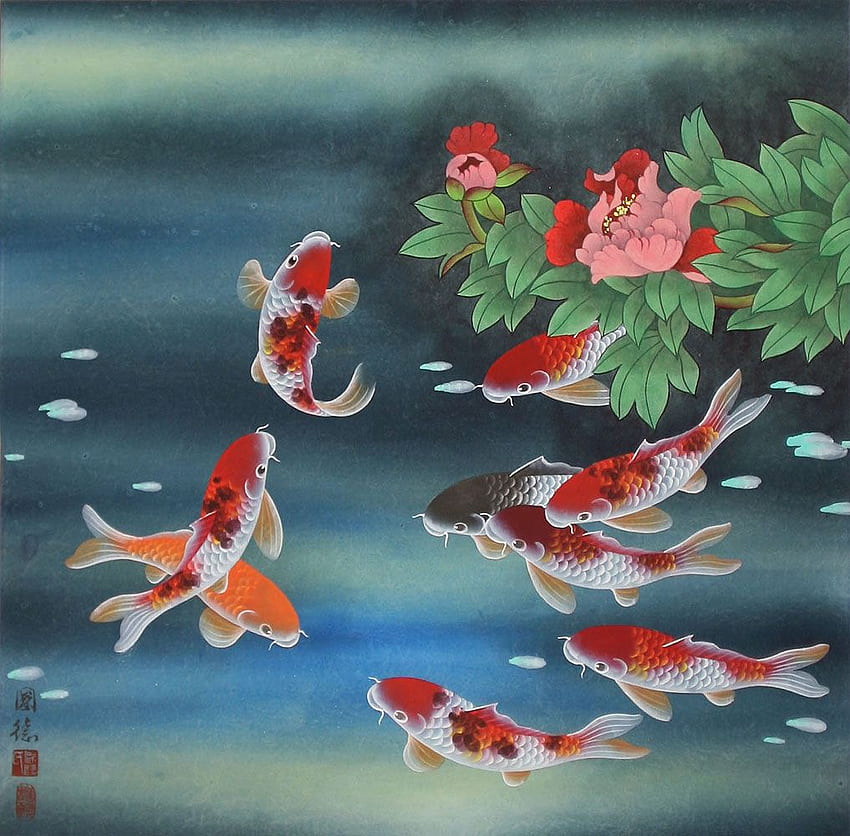 Asiatische Malerei mit neun Koi-Fischen und Blumen - Asiatische Koi-Fisch-Malereien, chinesische Fische HD-Hintergrundbild