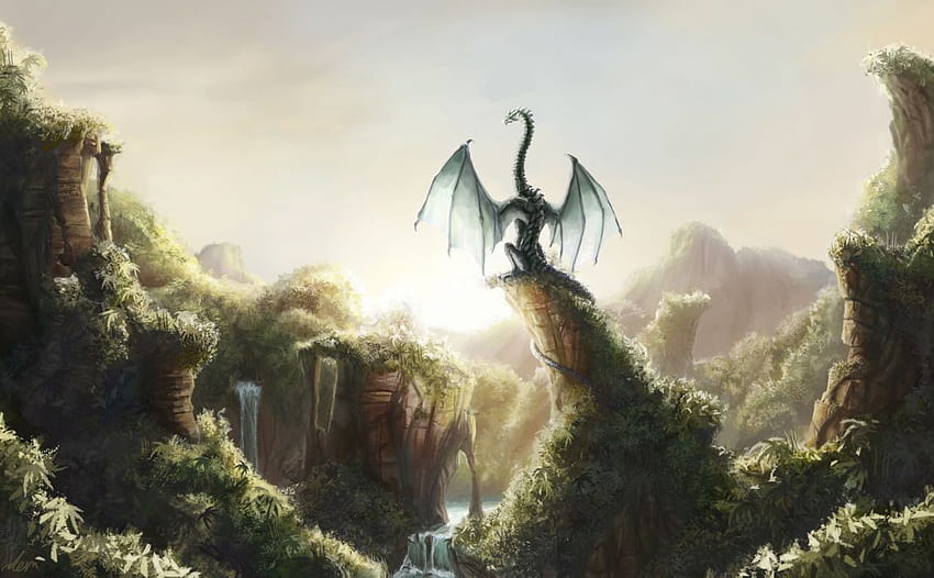 Drachen Fantastische Welt Fantasy Drachen Wasserfall Dschungel Wald Fluss. HD-Hintergrundbild