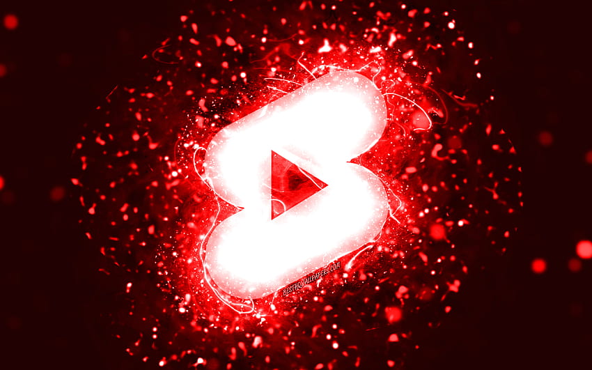 Youtube ショーツの赤いロゴ、赤いネオン、クリエイティブ、赤い抽象的な背景、Youtube ショーツのロゴ、ソーシャル ネットワーク、Youtube ショーツ 高画質の壁紙