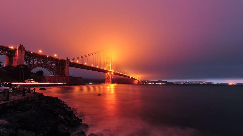 เมือง กลางคืน สหรัฐอเมริกา หมอก สะพาน ไฟส่องสว่าง แบ็คไลท์ สหรัฐอเมริกา อ่าว ซานฟรานซิสโก สะพานโกลเดนเกต วอลล์เปเปอร์ HD