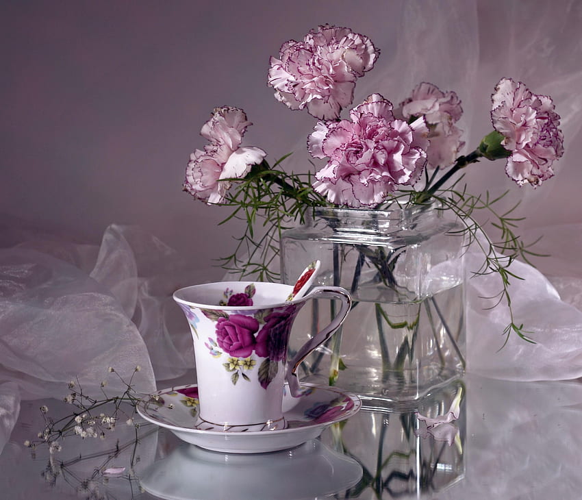 Flowers, Carnations, Vase, Tea Pair HD wallpaper