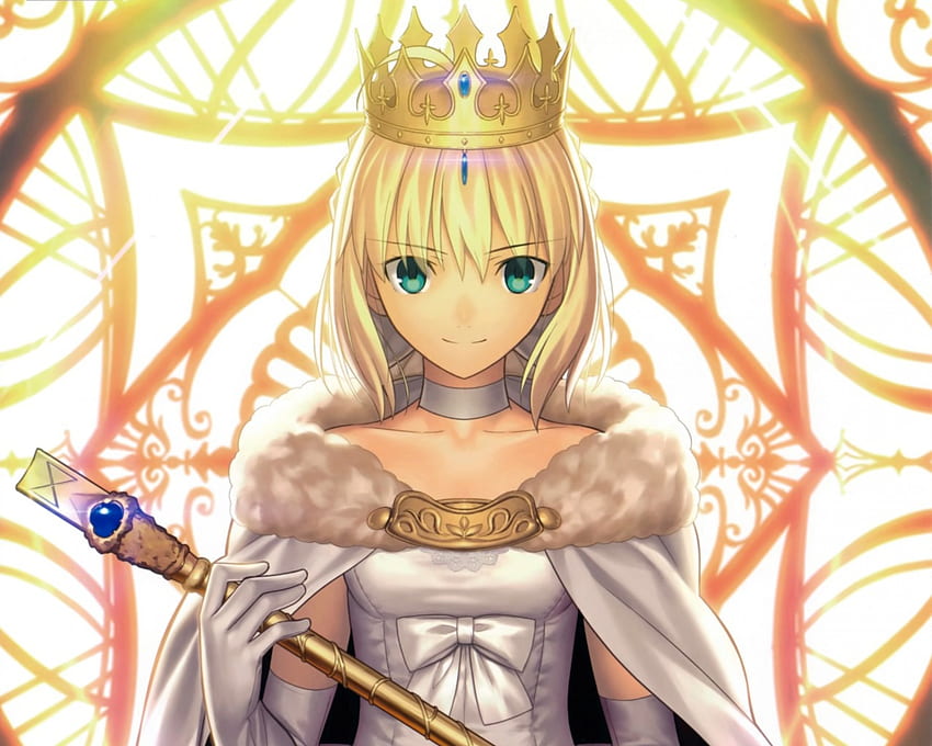 King of Knight, blond hair, blonde, knight, fate stay night, long hair, royalty, beauty, nice, crown, cape, pendragon, blonde hair, female, sweet, blond, girl, beautiful, anime girl, saber, tiara, anime, mantle, pretty, king, light, lovely, queen, arturia HD wallpaper