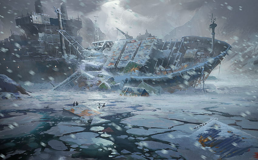 apocalyptic, Dark, Horror, Winter, Snow, Ship, Wreck, Ruins, Ice, Sci fi, Fantasy / and Mobile Background, Winter Apocalypse HD wallpaper