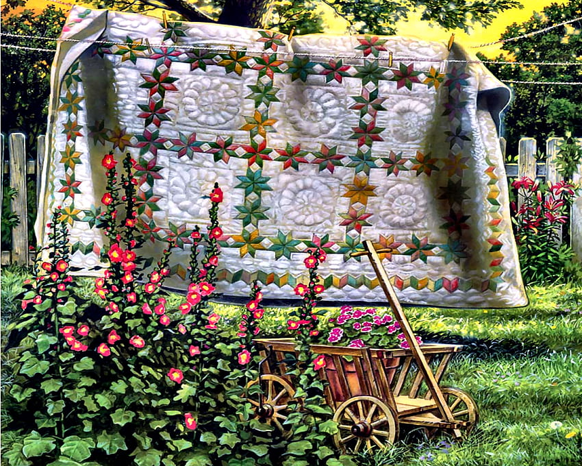 Garden Quilt F, design, art, beautiful, illustration, artwork, wide screen, painting, quilt, texture, pattern HD wallpaper