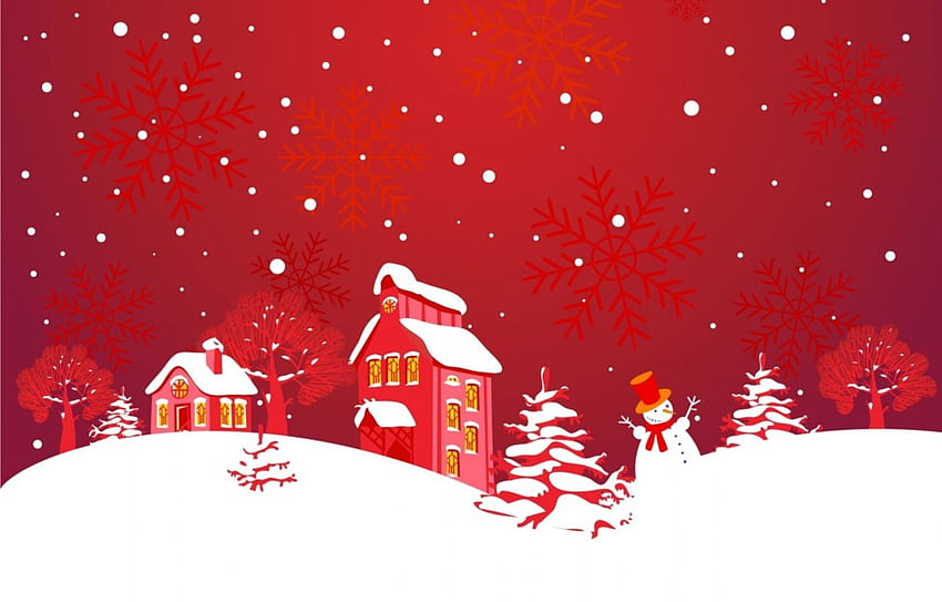 ฉากคริสต์มาส ตุ๊กตาหิมะ สีขาว หิมะ สีแดง ต้นไม้ บ้าน วอลล์เปเปอร์ HD