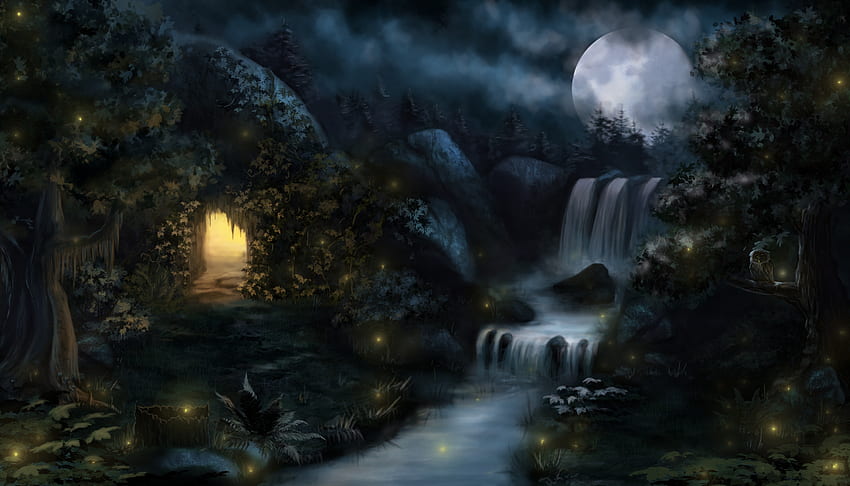 Magiczne drewno, księżyc, fantazja, luna, luminos, woda, tamikaproud Tapeta HD