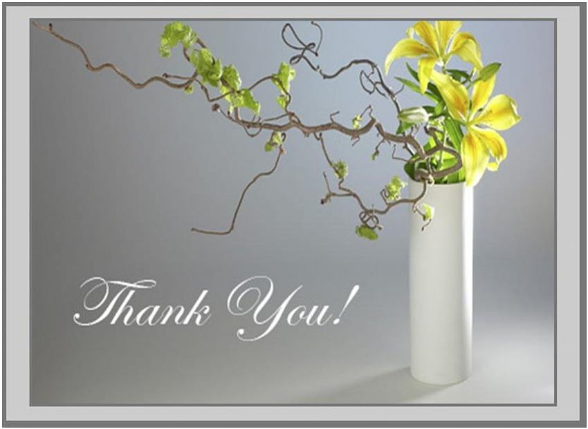 Obrigado, moldura cinza, arte, vaso, flores amarelas papel de parede HD