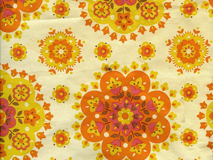 design de padrão circular floral amarelo laranja dos anos 60 e 70 papel de parede HD