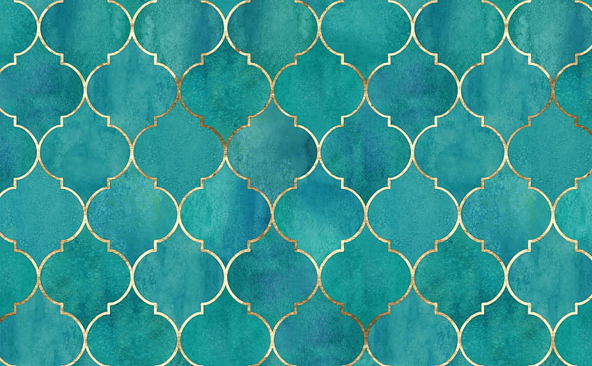 Turkusowo-niebieska akwarela z zabytkowym złotym marokańskim wzorem na ściany, turkusowy i pomarańczowy Tapeta HD