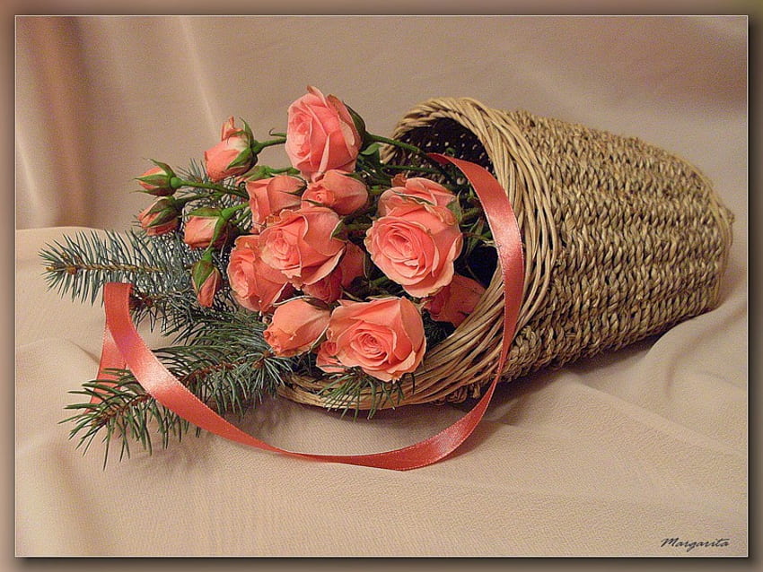 roses, beautiful harmony, basket, rose, still life, graphy, flowers, flower bouquet HD wallpaper