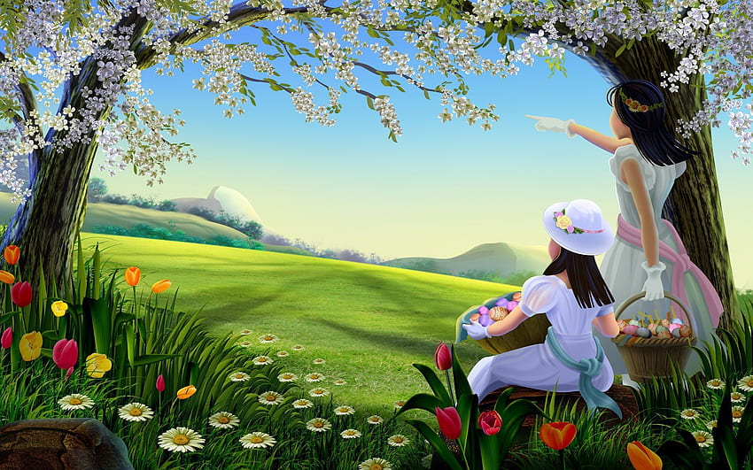 Caça aos ovos de Páscoa. Primavera, natureza, bela natureza, primavera dos desenhos animados papel de parede HD